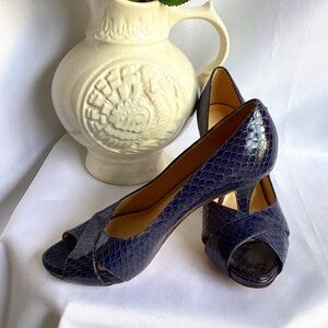 Kate Spade Royal Blue Leather Pumps with Crocodile Print with Peep Toe